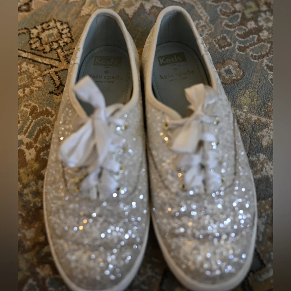 Keds X Kate Spade Silver Glitter White Sequin Sneakers White Laces Size 8 Bridal